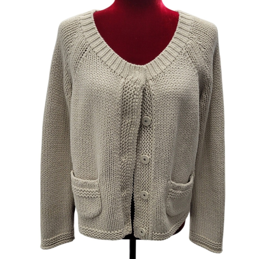 J Jill Chunky‎ Knit Button Front Cardigan Sweater Pockets Tan Casual Sm Med J458